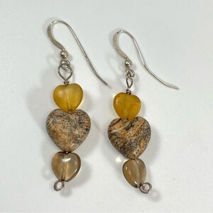 Jasper Hearts Yellow Glass 925 Sterling Silver Dangle Hook Setting Earrings Boho